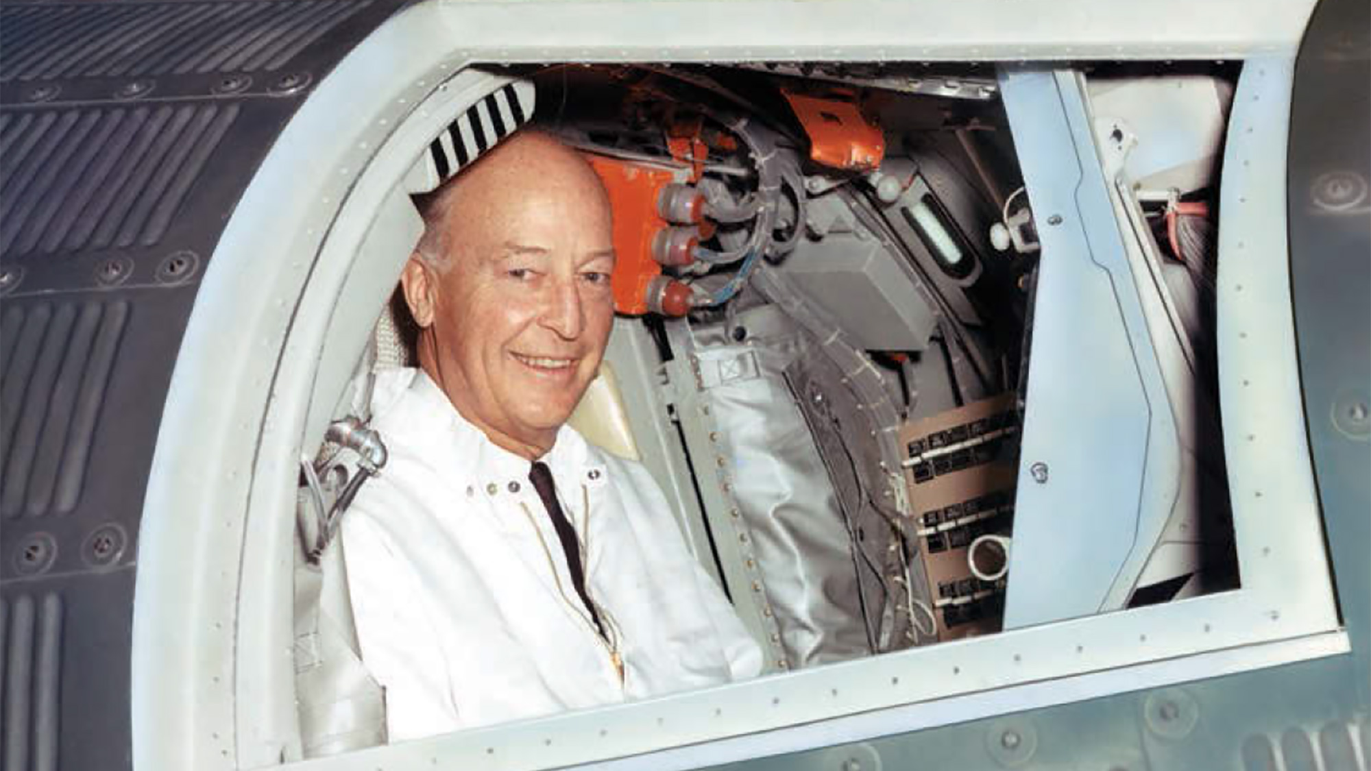 HF Johnson Mercury Space Capsule Herbert F Johnson, Jr. in a Mercury space capsule at McDonnell Aircraft
