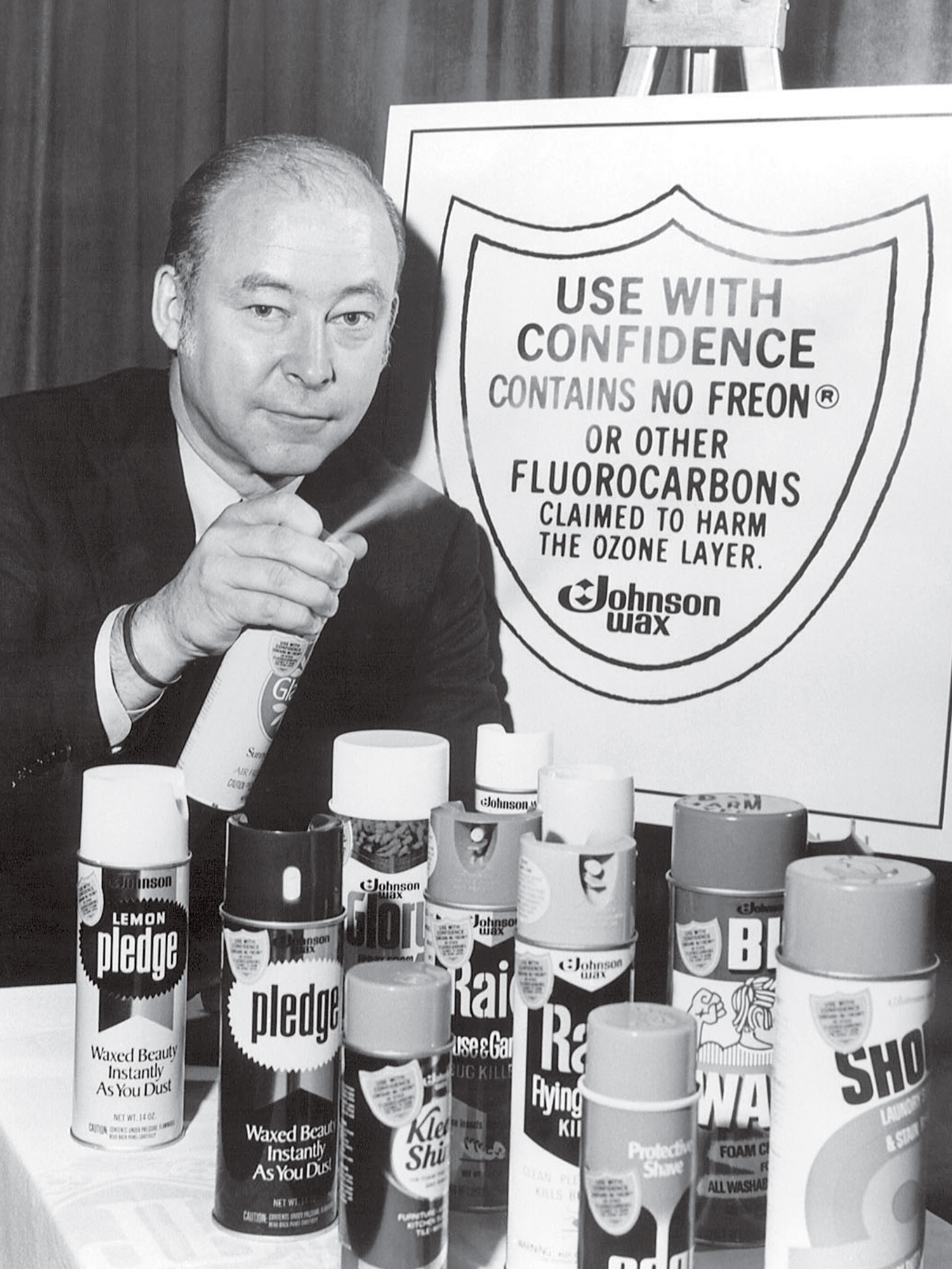 Sam with CFC Label Sam Johnson removed Chlorofluorocarbons (CFCs) from all products to be environmentally responsible and because it was the right thing to do.