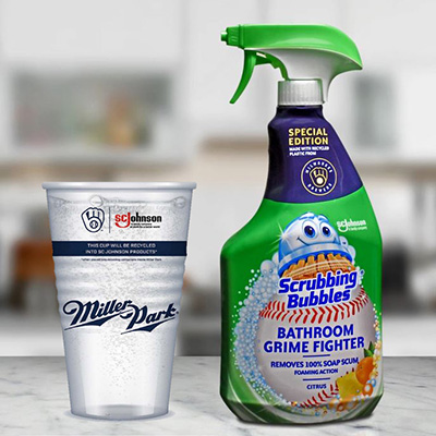 Scrubbing Bubbles bottle made from recycled cups collected at Milwaukee Brewers games.